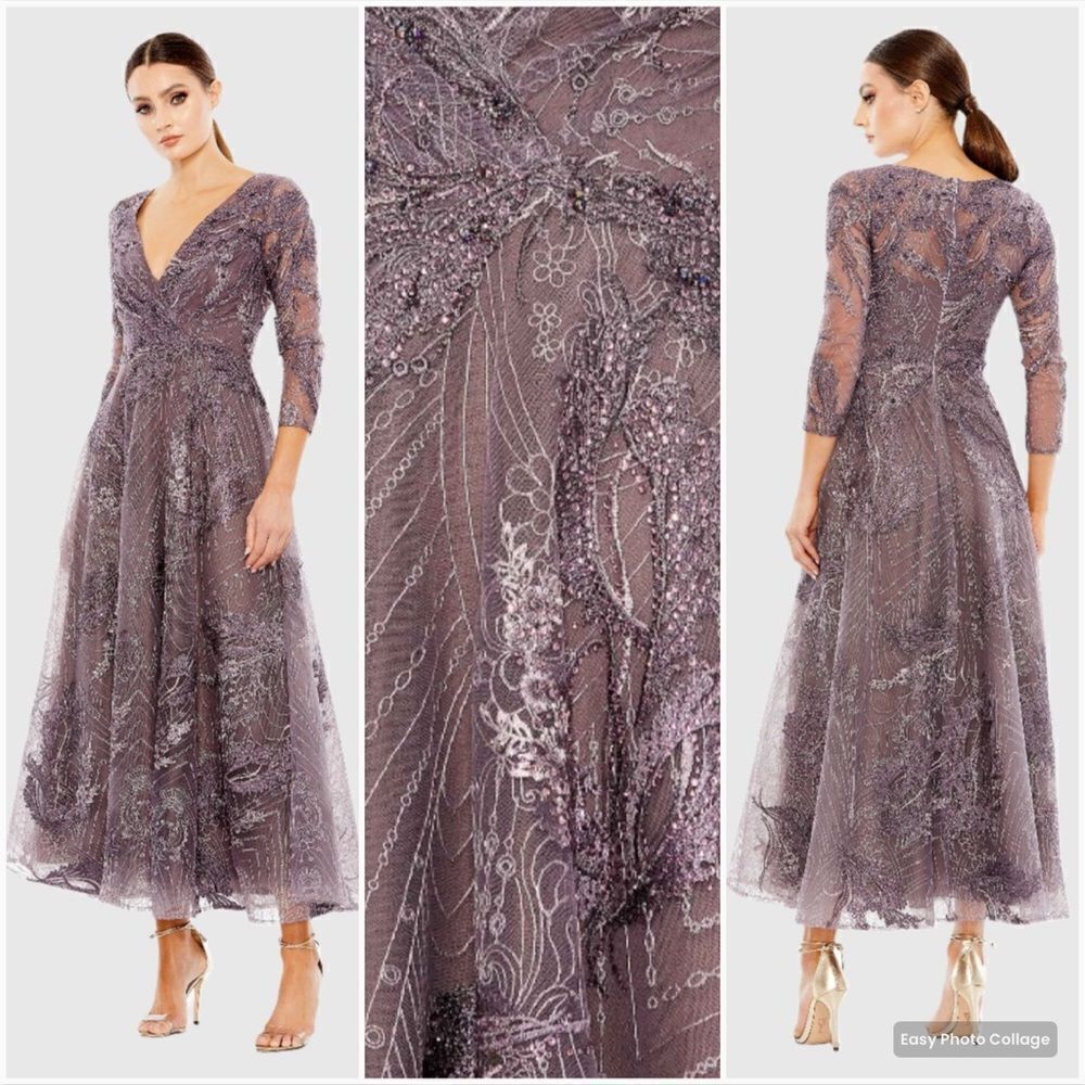 MAC DUGGAL 20336 Womens Embellished Wrap Over 3/4 Sleeve Dress